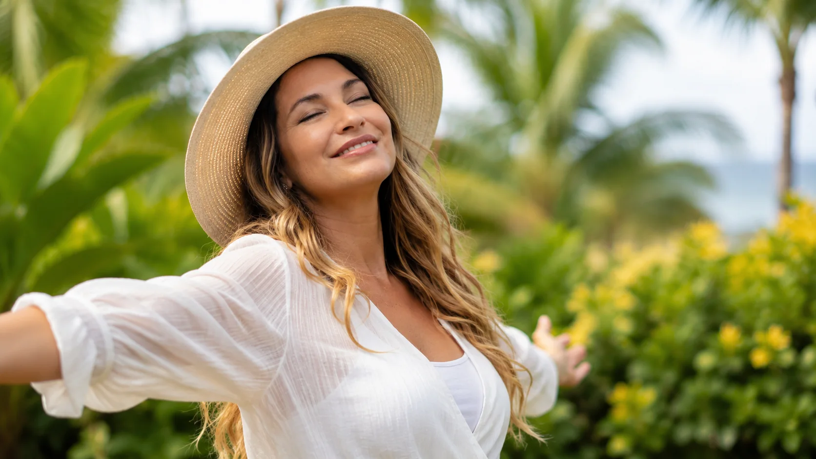 Nadia Oliver de chapéu em um jardim iluminado pela luz da manhã